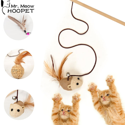 Hoopet Pet Cat Toy Teaser Multi Color Bird Feather Plush Cat Mouse Rat Wand Cat Catcher Teaser Stick Cat Interactive Ball Toys